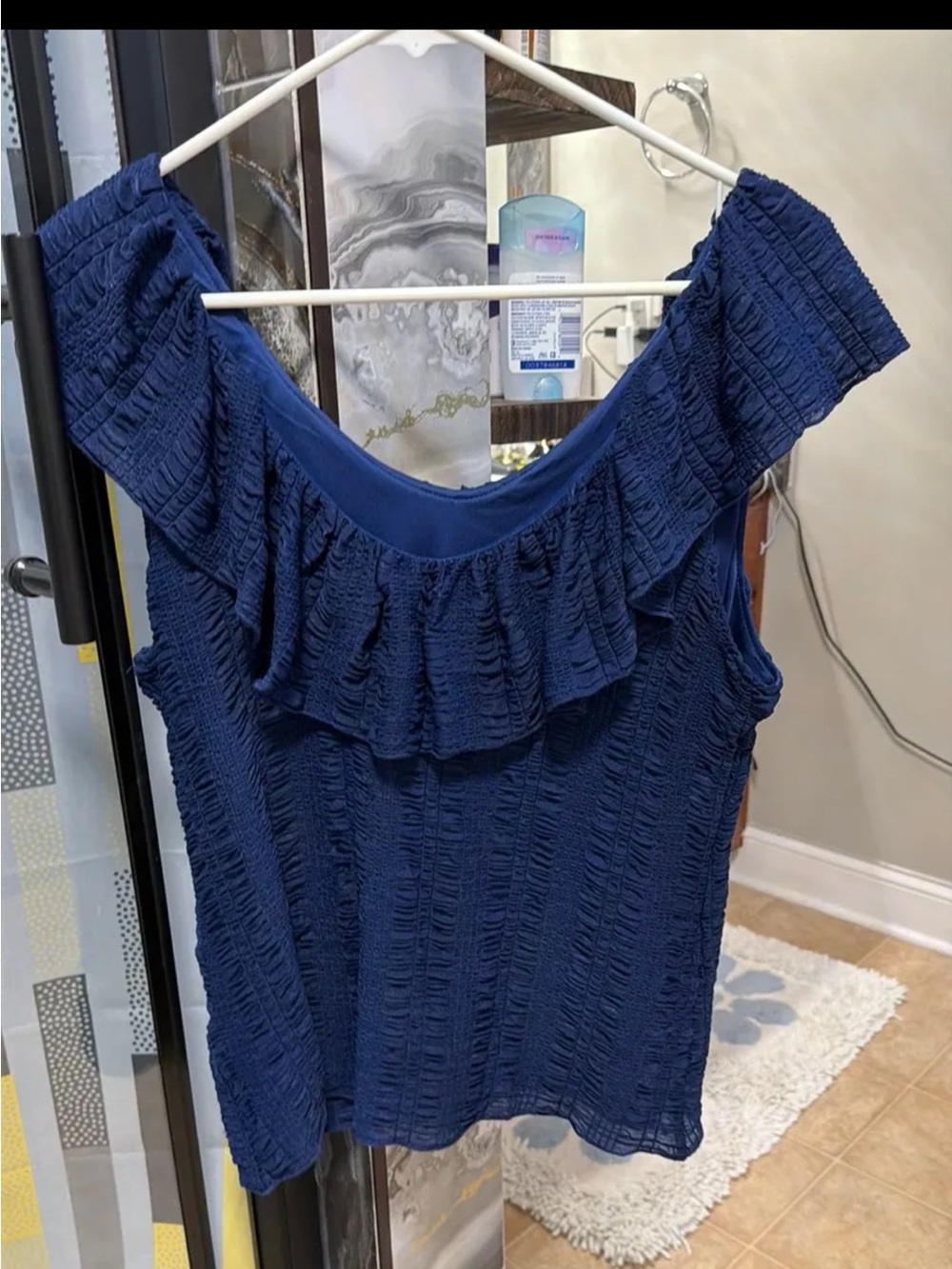 Cato Navy Ruffle Textured Off-Shoulder Camisole
